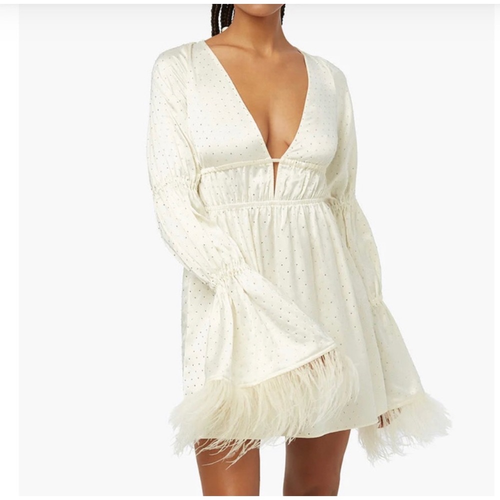 Tiered Feather Sleeve Satin Charmeuse Rhinestone Mini Dress- Size M